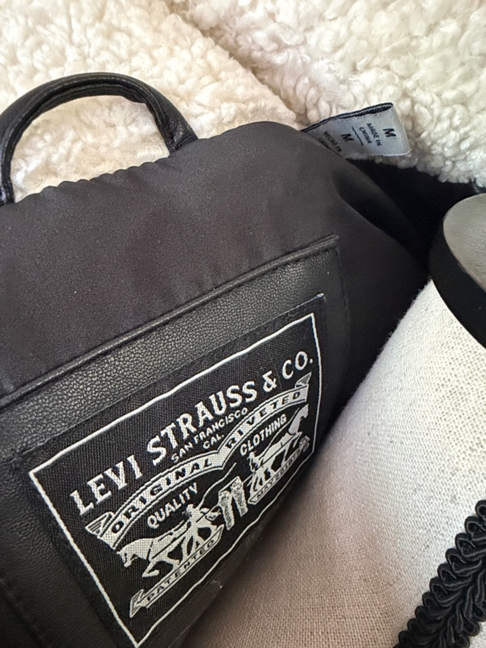 Levi's Black Faux Leather Sherpa-Trim Bomber Jacket - Picture 2 of 4